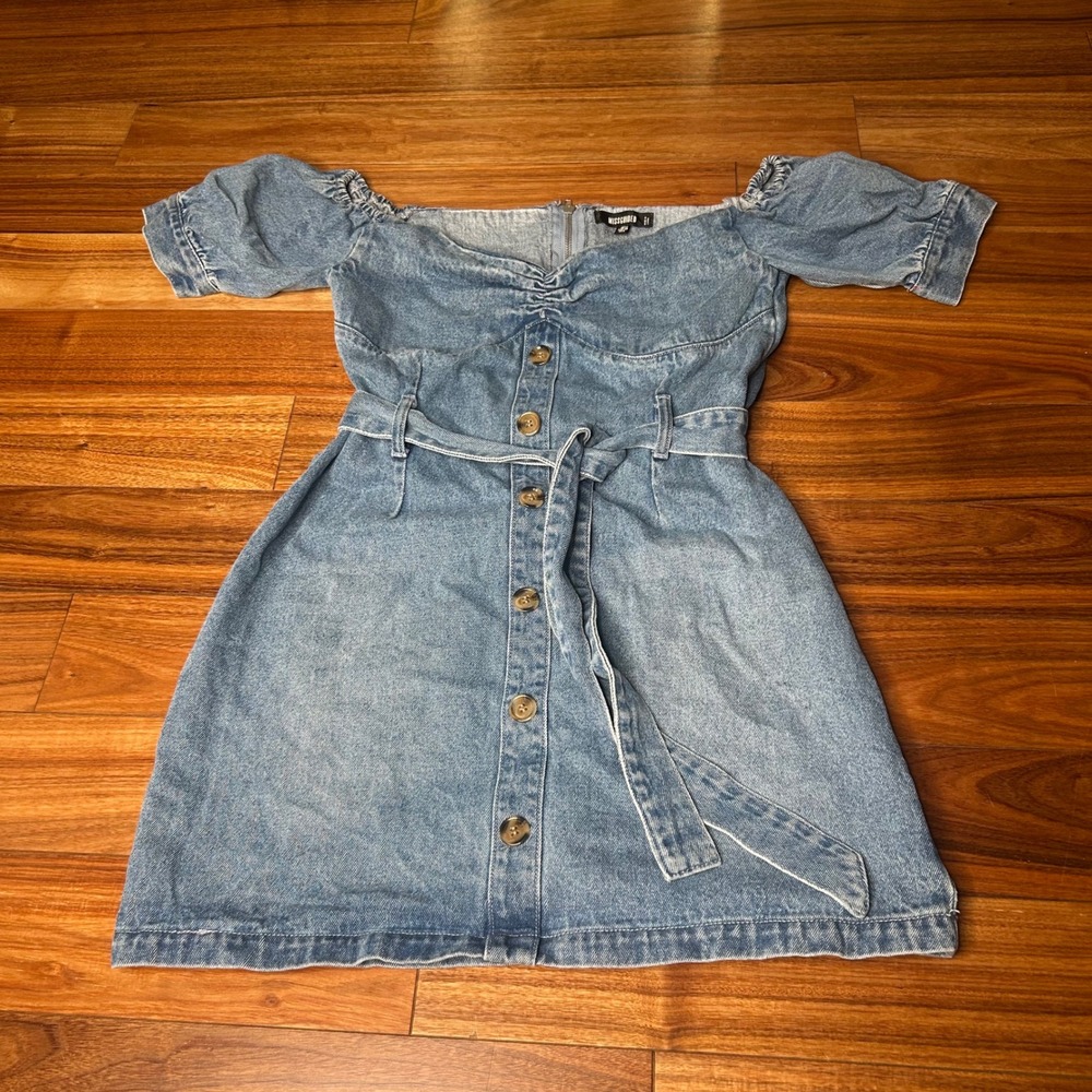 Missguided Denim Dress Off Shoulder Button Down‎ Belted Women's Size US 8